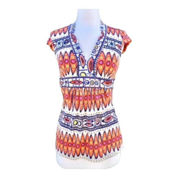 Trina Turk Multicolor Tribal Art 100% Silk Blouse Size 2 With Side Zipper - Picture 1 of 9